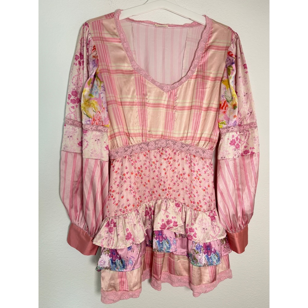 Sunday Up Pink Patchwork Floral Plaid Mini Dress Lace Trim Long Sleeve Large
